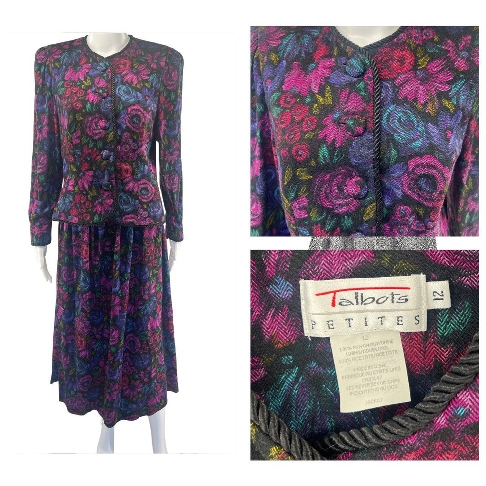 Vintage Talbots Floral Skirt Suit Size 12P Jewel Tones Braided Trim‎ 90s Retro
